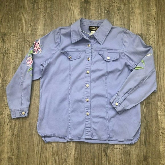 Bob Mackie Wearable Art Embroidered Lillies Lavender Lilac Shirt Jacket - Picture 4 of 5